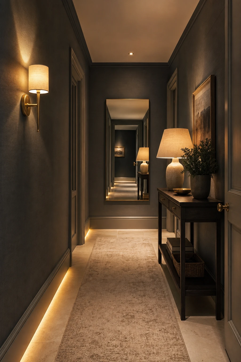 Small neutral hallway with no natural light made bright by layered warm artificial lighting at multiple heights with Farrow and Ball Barrow Blue on the walls