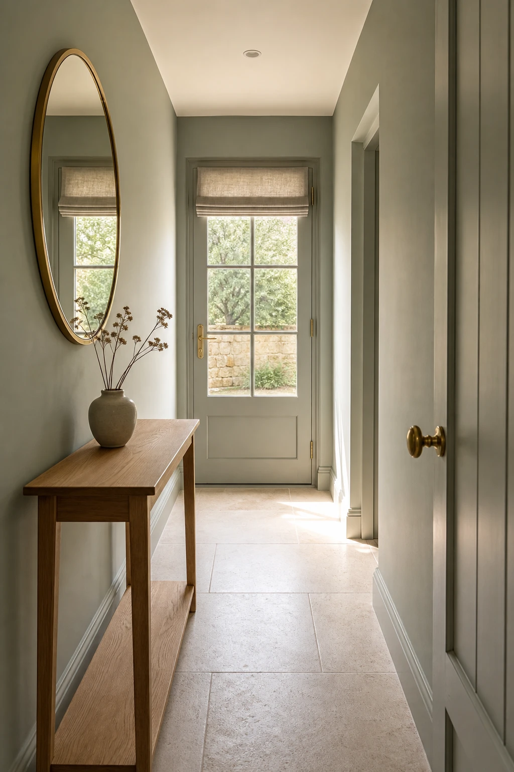 Small neutral hallway with sage green painted walls, natural light from a glazed door, pale stone floor tiles, slim console table and simple wall mirror