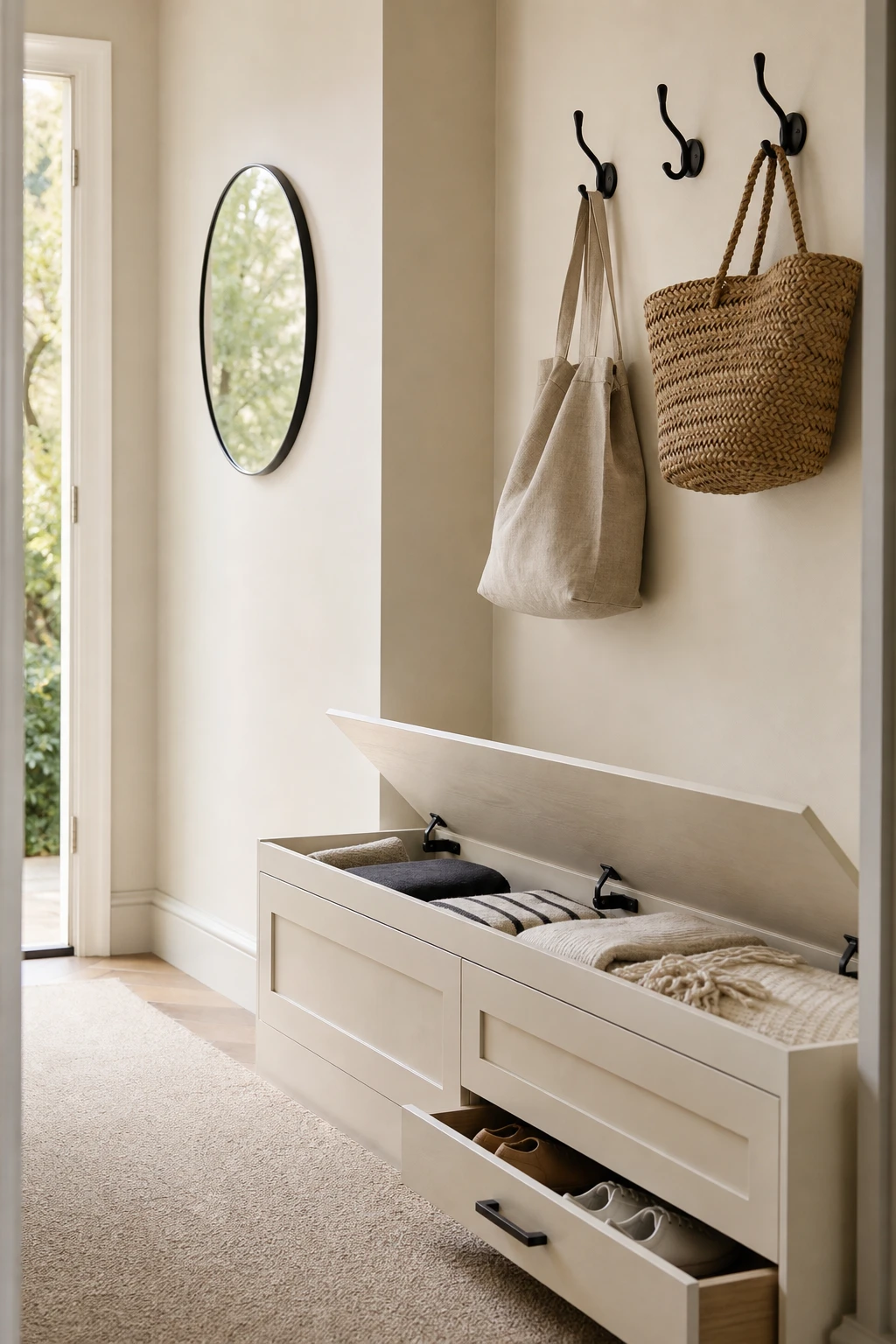 Small neutral hallway with slim entry storage bench, hidden compartments, hooks above, pale walls in Farrow and Ball Bone paint, soft natural morning light