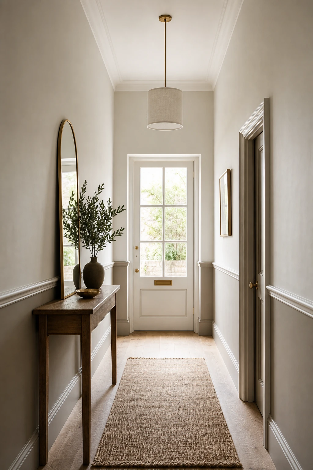 Small neutral hallway with two tone walls split at dado rail height, warm upper tone and deeper lower tone creating the illusion of a taller ceiling