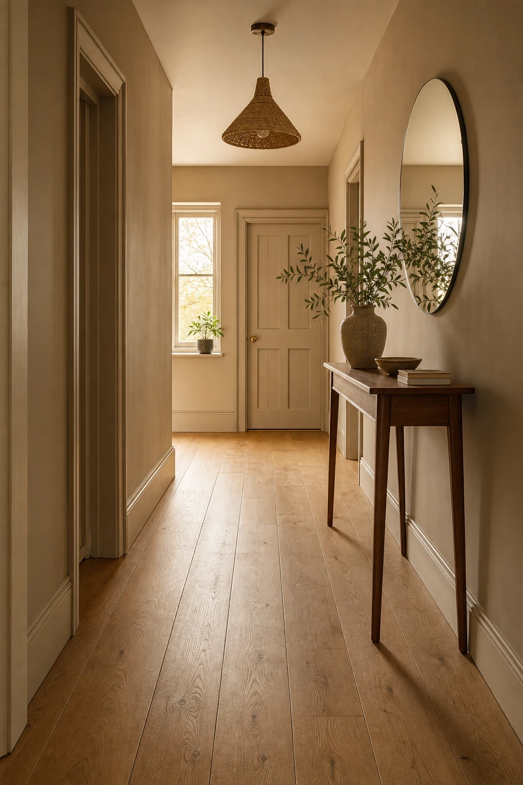 Small neutral hallway with warm beige walls painted Farrow and Ball Jitney and a honey toned wood floor runner leading toward a white panelled door