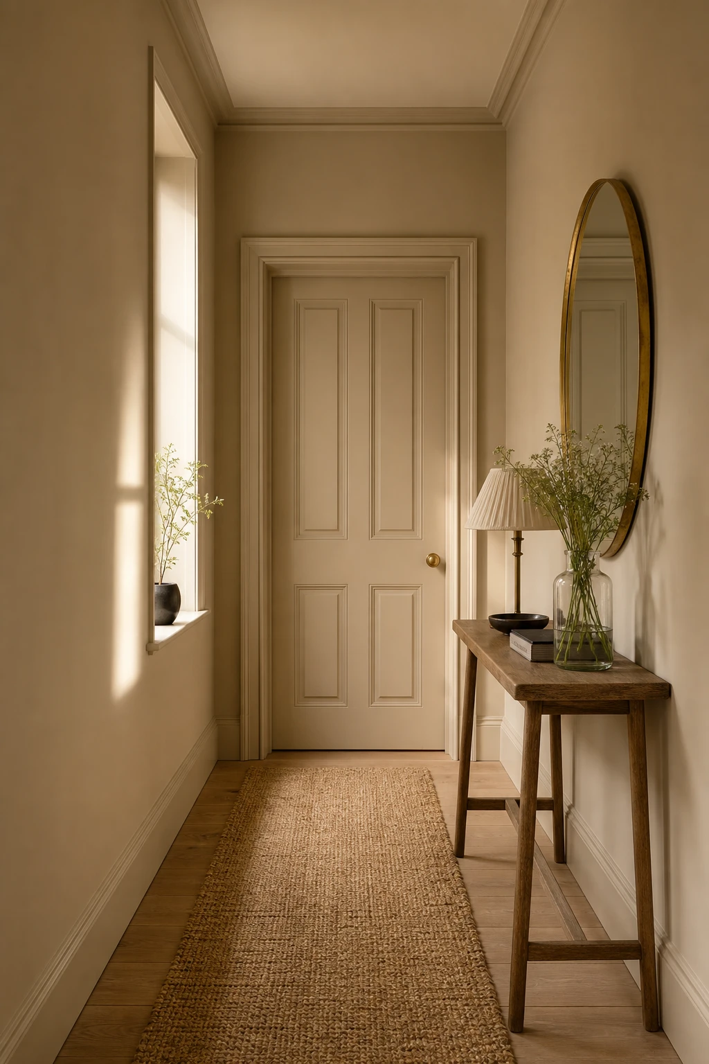 Small neutral hallway with warm beige walls painted Farrow and Ball String, natural light from a side window, slim console table and round mirror