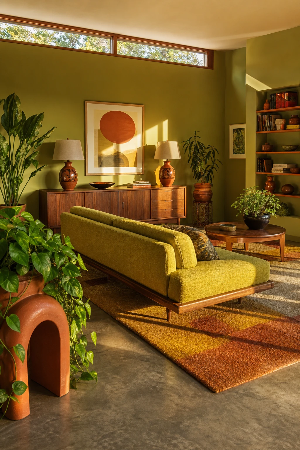 Sun soaked mid century modern living room with green yellow and terracotta tones, walnut furniture, and warm natural light on textured plaster walls