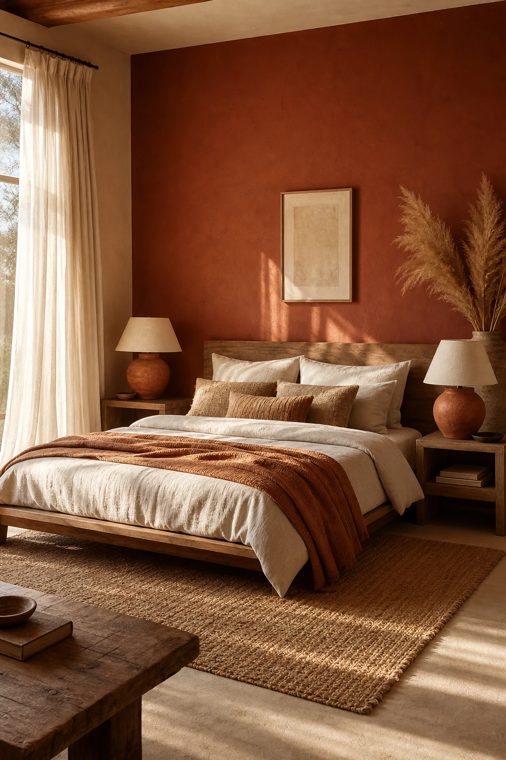 Sun warmed Brown And Cream Bedroom with terracotta and cream tones, linen bedding, clay plaster walls and warm afternoon light flooding through sheer curtains