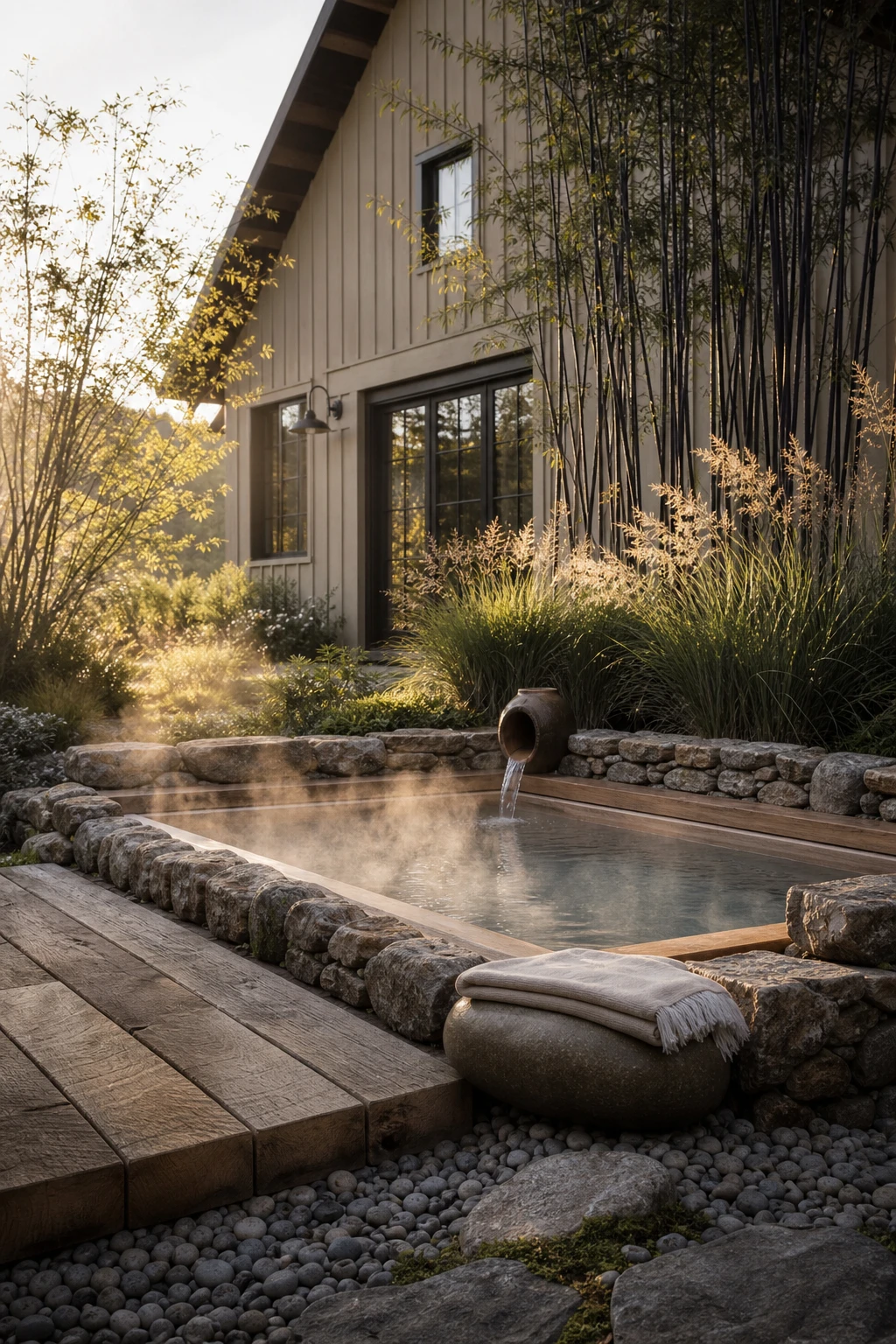 Sunken outdoor onsen bath in a barndominium zen garden, surrounded by stacked stone, ornamental grasses and timber decking in warm morning light