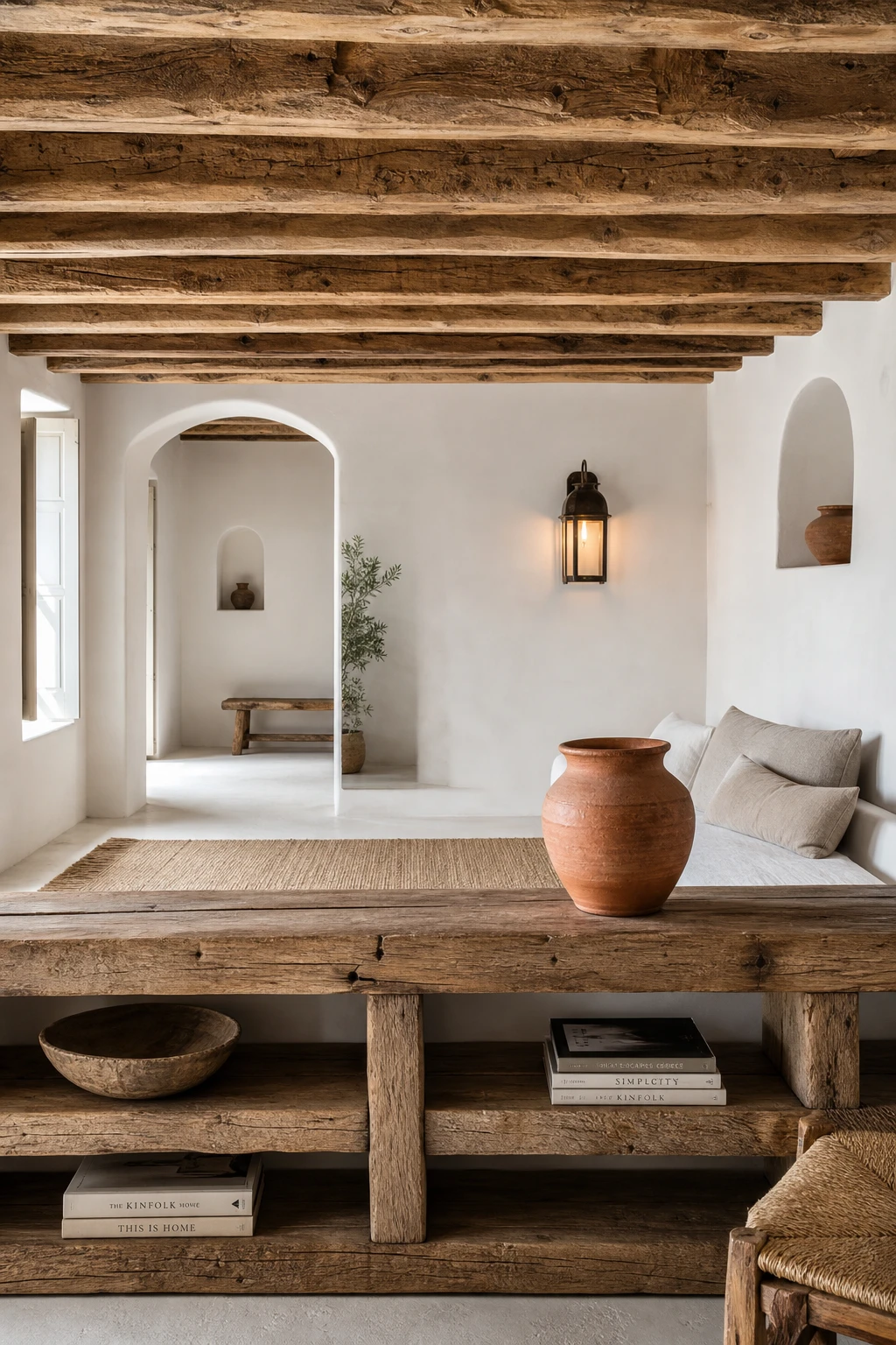 Sunlit Greek Mediterranean interior with reclaimed timber beams and shelving warming a white room painted in Farrow and Ball Joas White