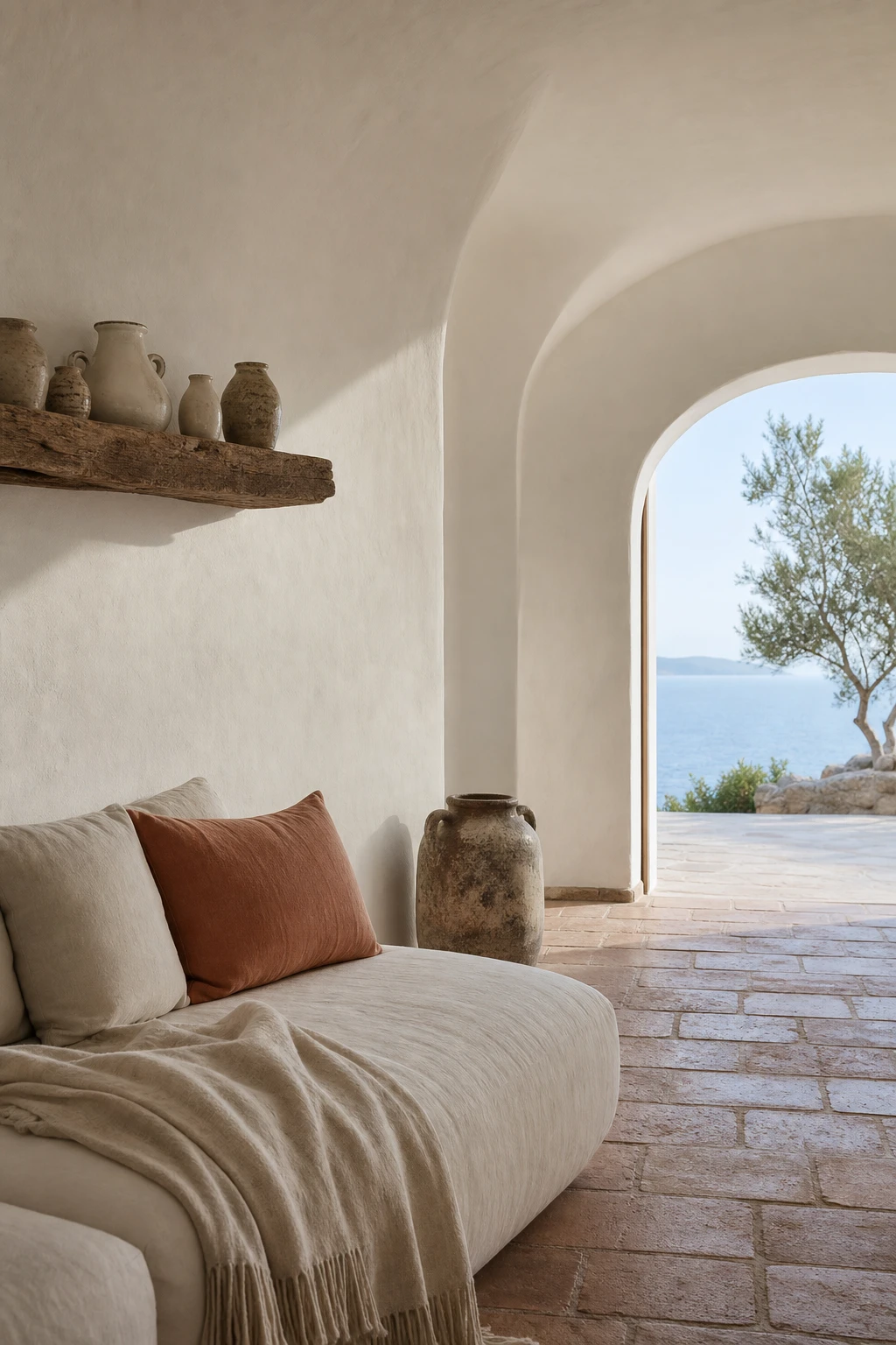 Sunlit Greek Mediterranean interior with whitewashed walls, arched doorway, terracotta floor tiles, linen sofa and handwoven textiles in a cool white living room