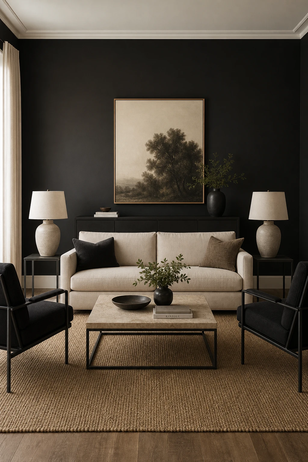 Symmetric beige and black living room with paired armchairs flanking a sofa, black console table, and Farrow and Ball Pitch Black accent wall behind centered artwork