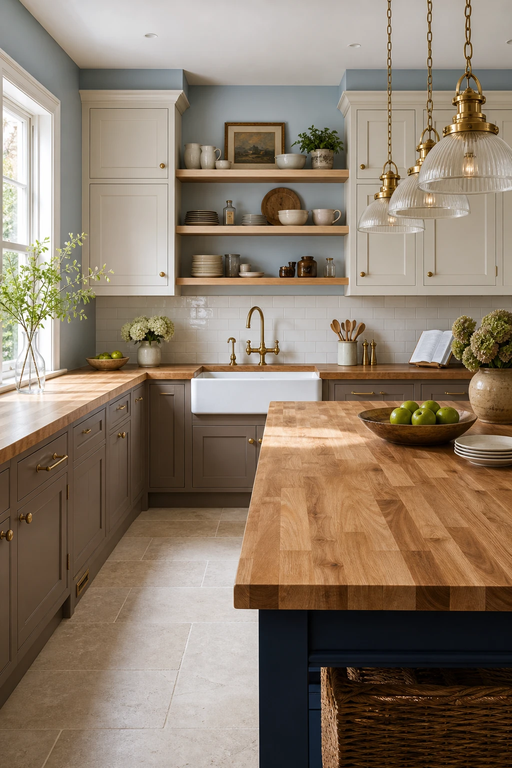 Taupe navy and beige kitchen cabinets with a butcher block counter as the hero, warm natural light, Farrow and Ball Borrowed Light walls