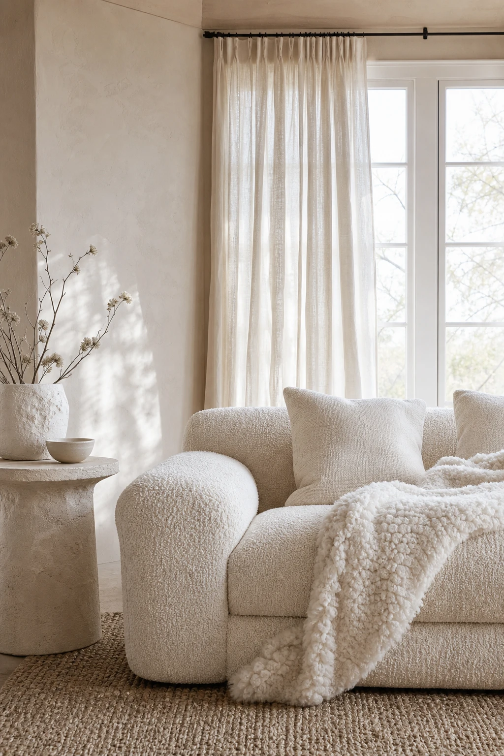 Tonal all white living room with layered textures including bouclé sofa, linen curtains, plaster walls and a shearling throw in warm natural light
