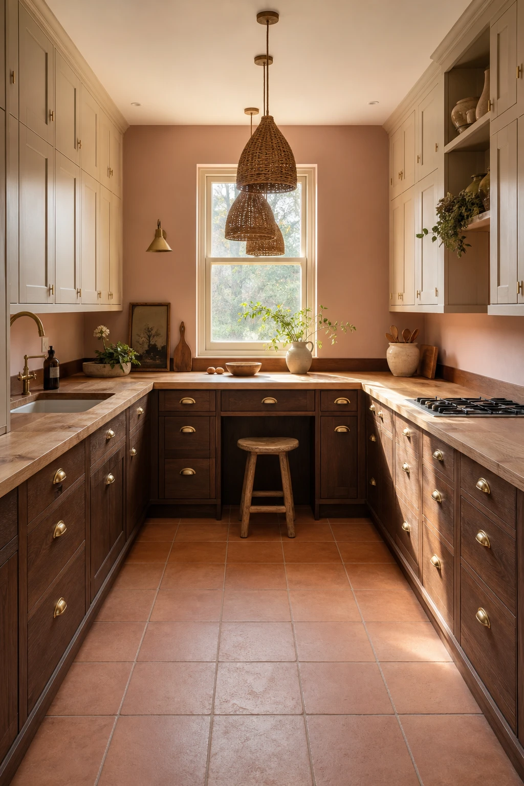 U shape brown and beige kitchen with wraparound cabinetry, warm natural light, terracotta floor tiles, and Farrow & Ball Ointment Pink walls