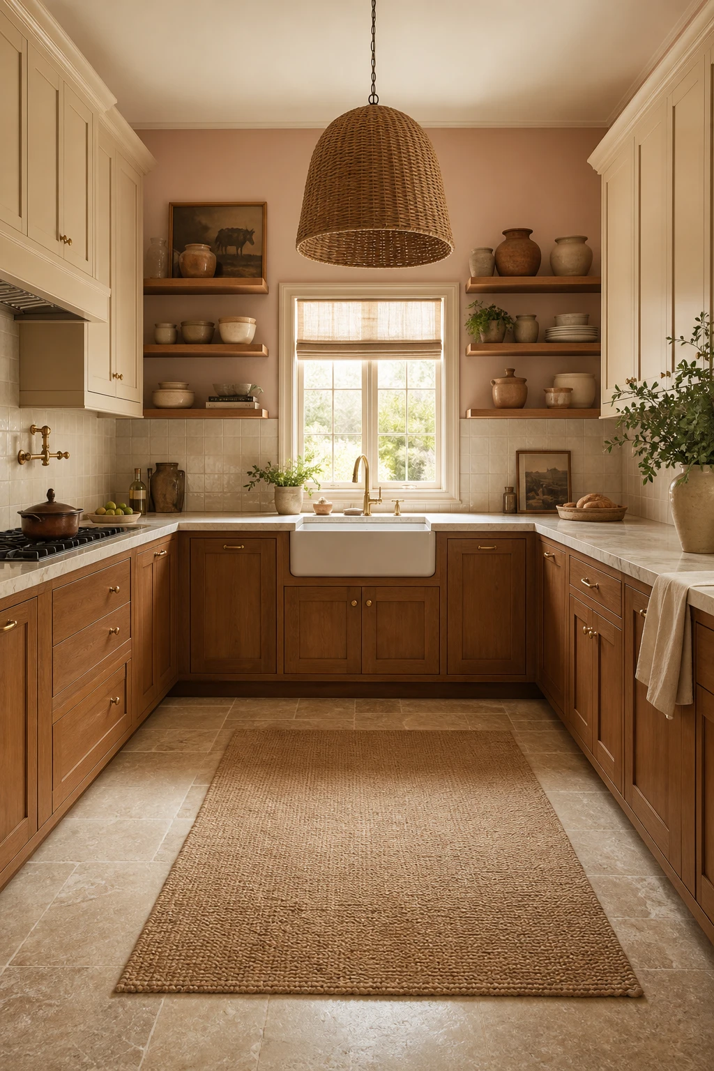 U shaped brown and beige kitchen with wrap around cabinetry, warm earth tone walls, stone countertops, and natural wood details in soft natural light
