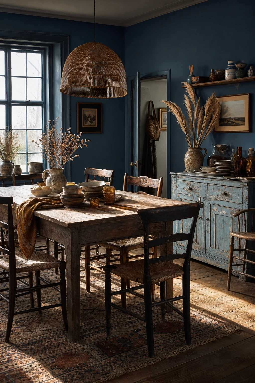 Vintage blue boho dining room with antique furniture, eclectic collected decor, and Farrow and Ball Oval Room Blue painted walls bathed in warm afternoon light