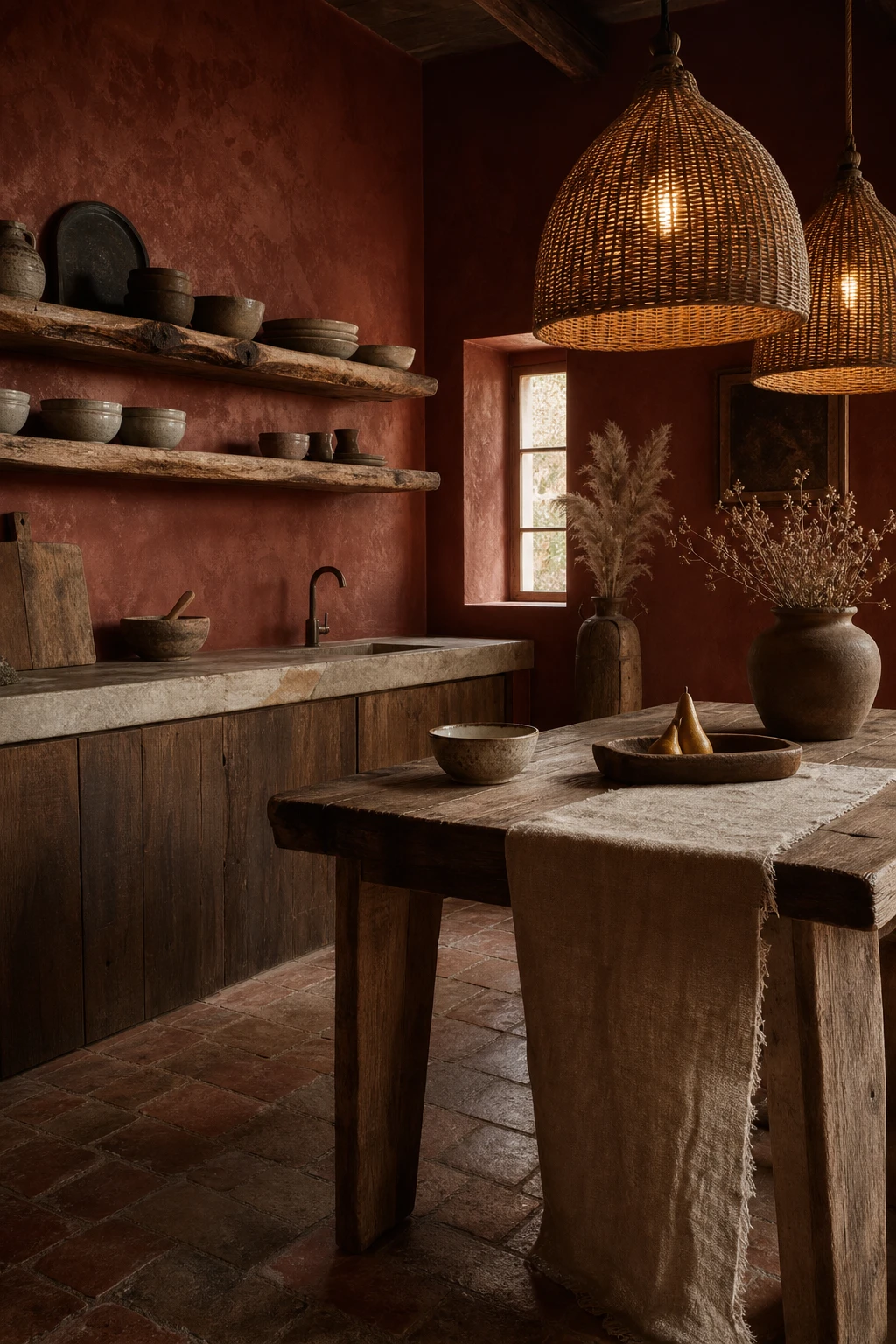 Wabi sabi brown and beige kitchen with raw wood knots, handmade ceramic vessels, aged linen, and Farrow and Ball Singed Red on plaster walls