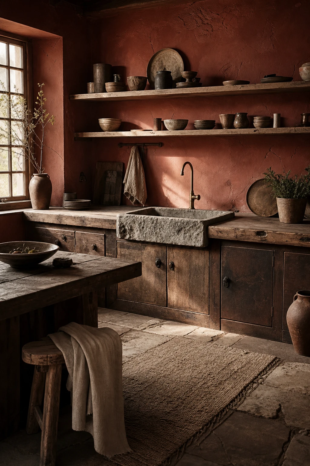 Wabi sabi brown and beige kitchen with worn textures, handmade ceramics, raw plaster walls and natural wood surfaces in earthy tones