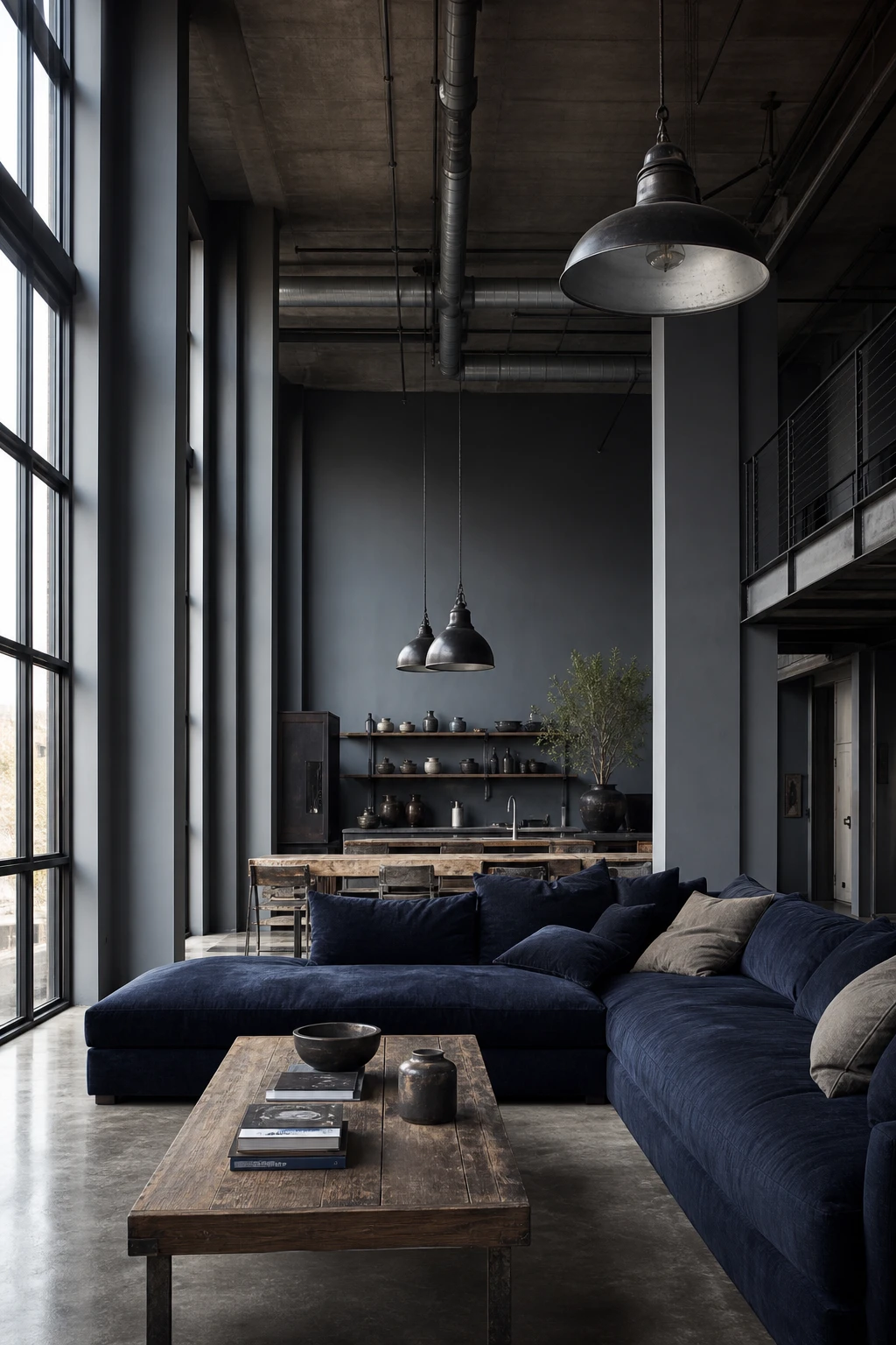 Warehouse style loft interior with dark blue and gray palette, oversized furniture, exposed concrete, steel windows, and Farrow and Ball Pigeon painted walls