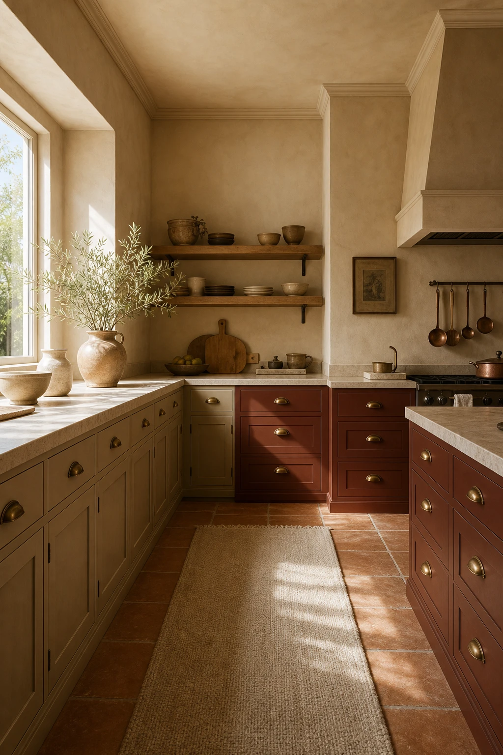Warm beige brown kitchen with layered tone on tone materials, linen curtains, aged brass hardware, wood open shelving and terracotta floor tiles