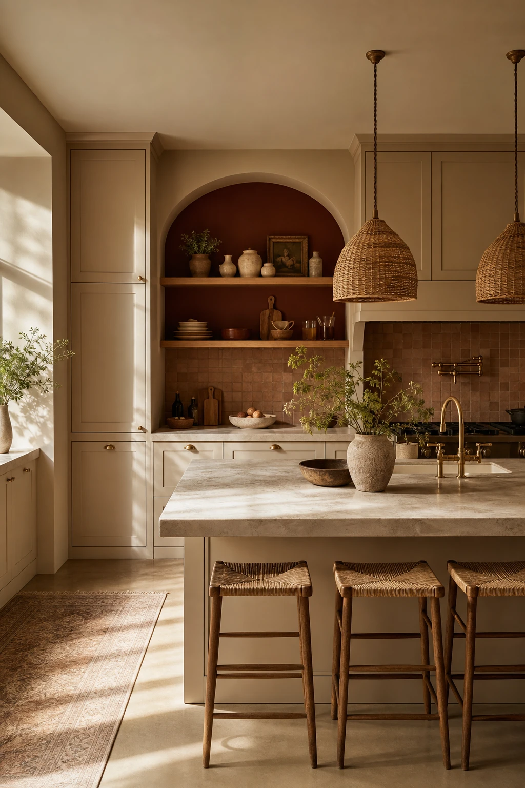 Warm beige brown kitchen with layered tones, linen cabinetry, terracotta accents, oak open shelving, and Farrow and Ball Book Room Red on a recessed alcove wall