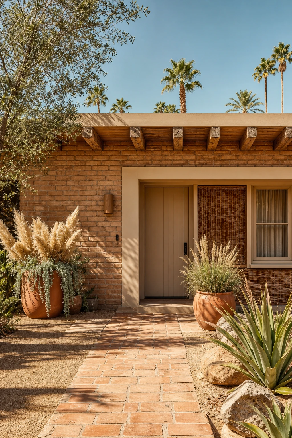 Warm climate boho brick house exterior with desert modern palette, terracotta pots, timber beams, and Setting Plaster pink accents in bright midday sun