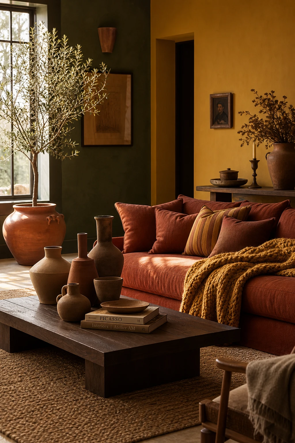 Warm dark green and terracotta living room with terracotta and mustard as the hero, featuring earthy textiles, clay vessels, and Farrow and Ball India Yellow painted wall