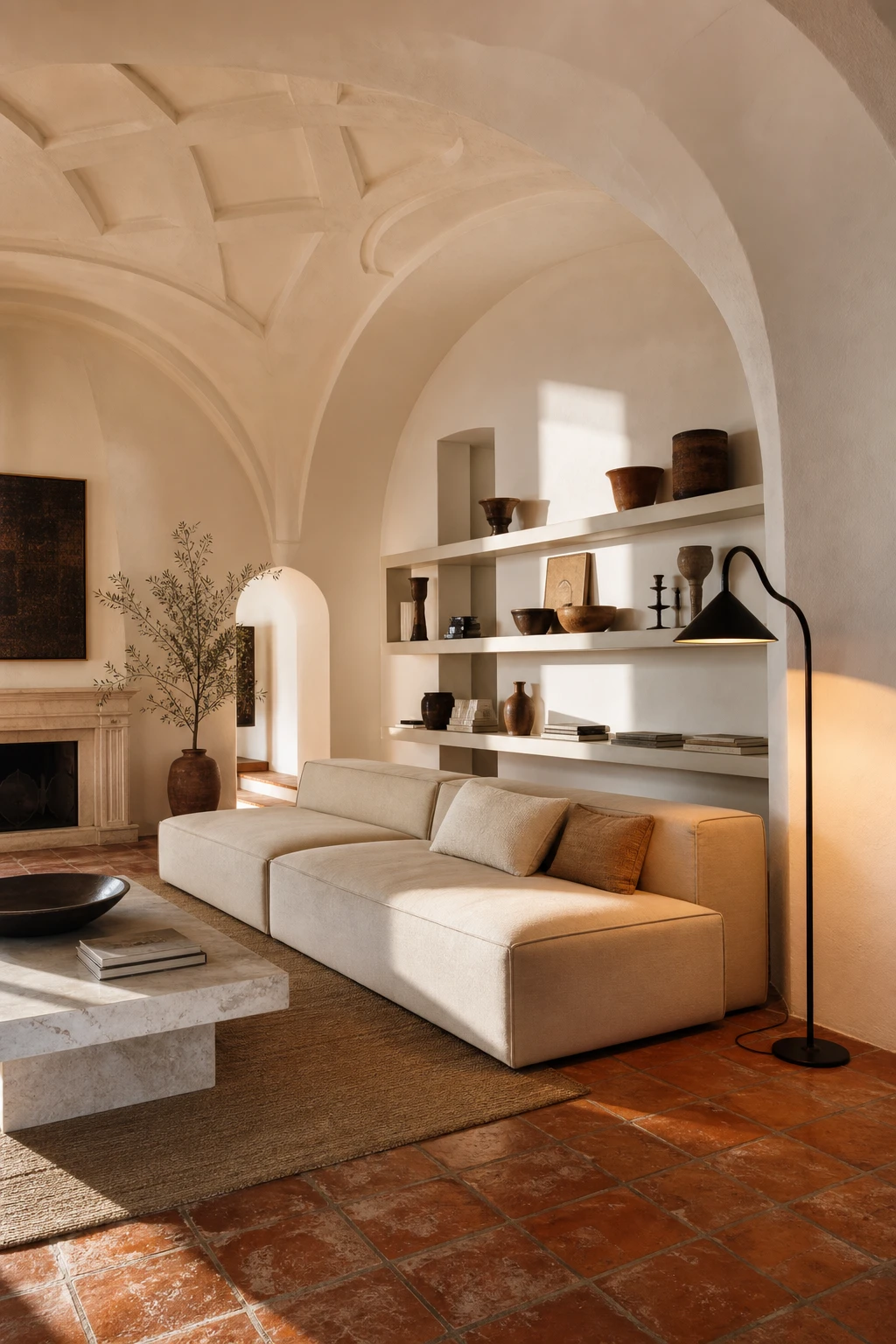 Warm Greek Mediterranean living room with contemporary lines, whitewashed walls in Strong White, natural linen sofas, terracotta floor tiles and arched doorway in soft afternoon light