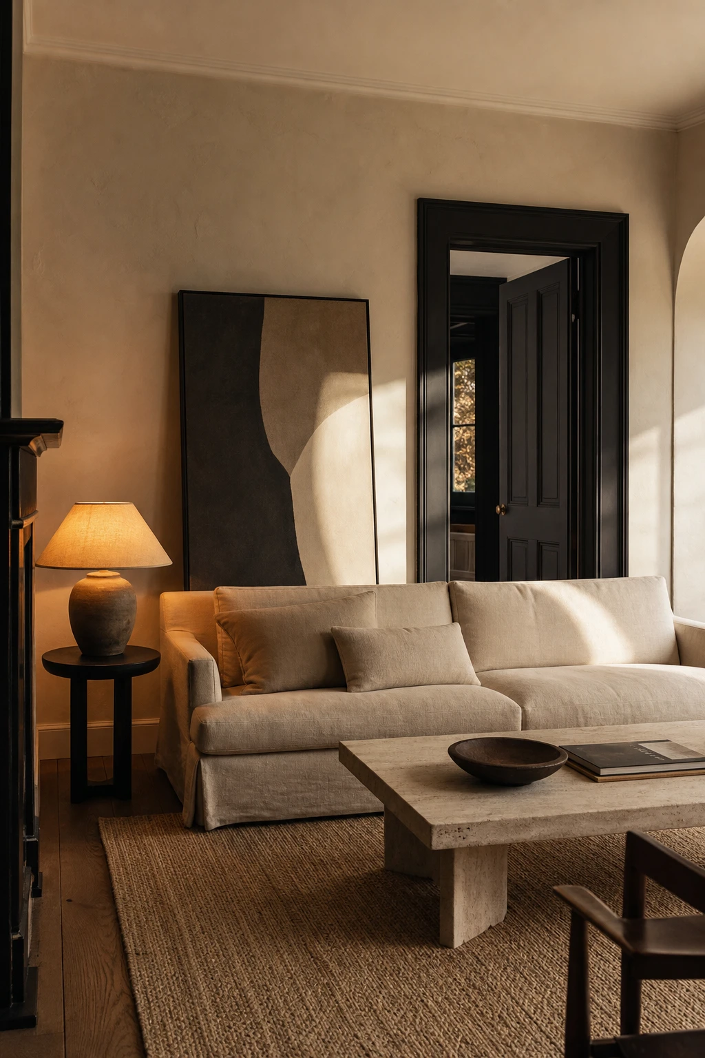 Warm minimalist beige and black living room with clean lines, natural textures, and Farrow & Ball Pitch Black painted trim framing a serene pared back space