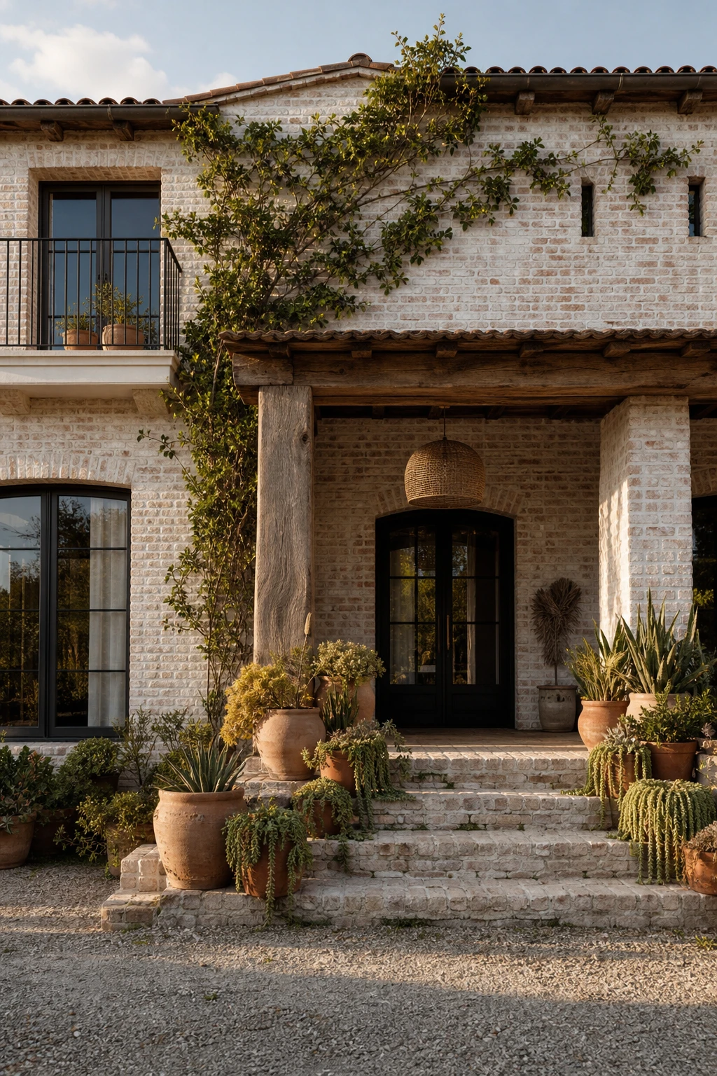 Whitewashed brick boho house exterior with visible texture, rattan porch accents, terracotta pots, and climbing vines in warm afternoon light