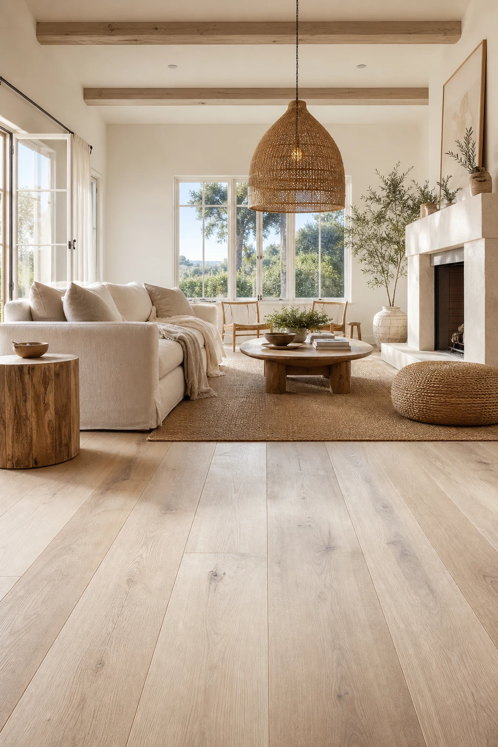 Wide pale driftwood plank floors in a California Coastal interior with warm white walls, linen sofa, rattan pendant and tall windows letting in soft morning light