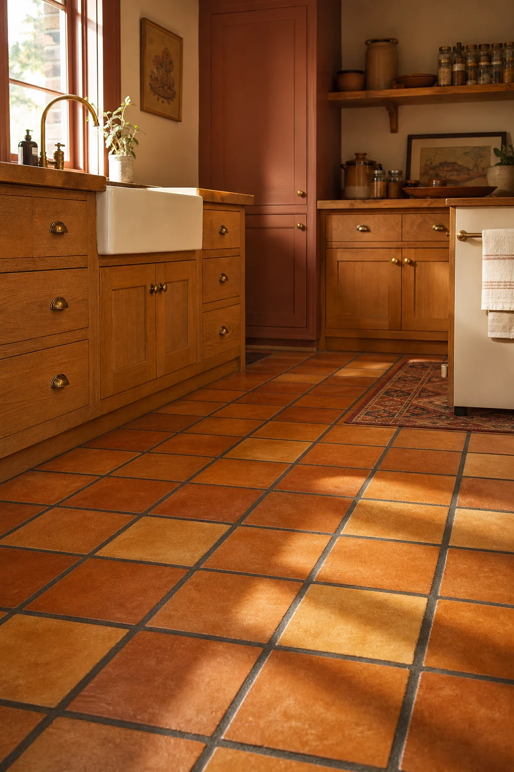 1970s kitchen flooring with bold ceramic floor tiles in earthy tones, wide grout lines in contrasting color, warm afternoon light, retro cabinetry