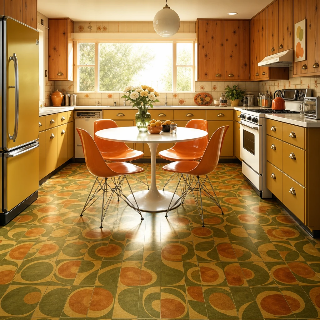 Full 1970s kitchen interior with bold avocado green and burnt orange swirling vinyl sheet flooring, harvest gold cabinets, ceramic tile backsplash, and warm morning light from a casement window.