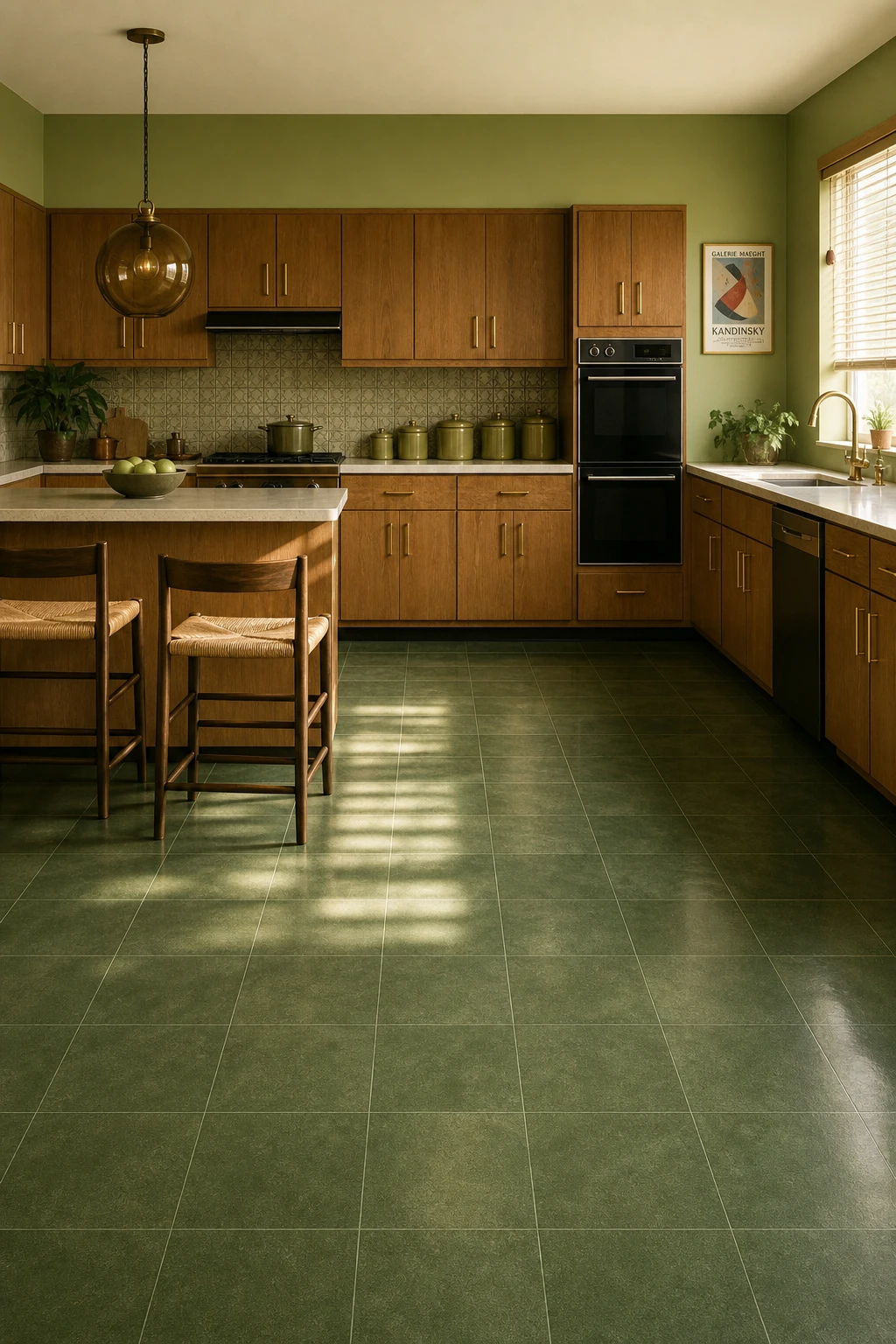 70s kitchen flooring with avocado green vinyl floor tiles as hero, paired with warm oak cabinets, retro pendant light, and Farrow and Ball Cooking Apple Green walls
