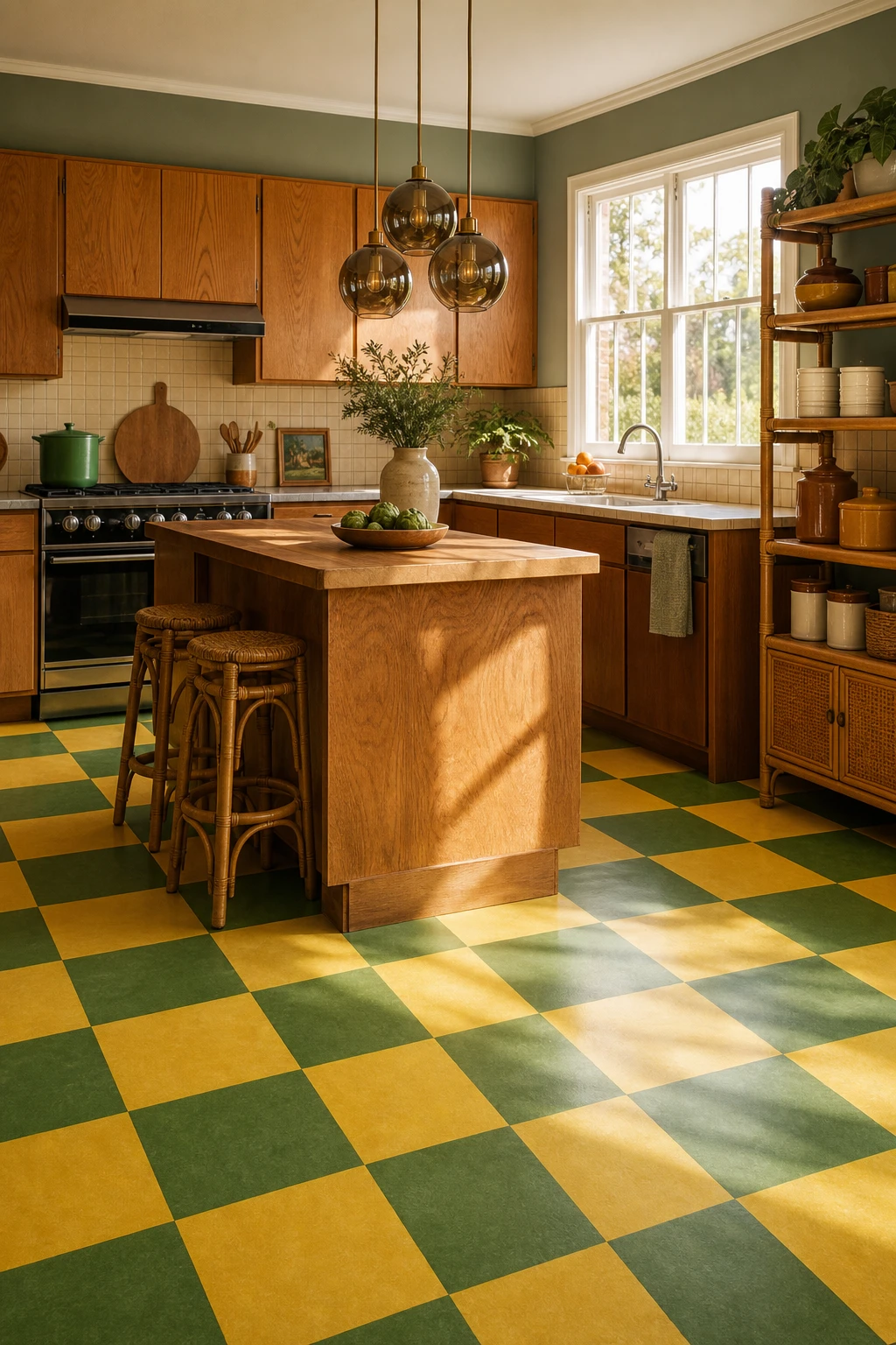 70s kitchen flooring with bold green and yellow vinyl tiles, oak cabinets, pendant lights, and Farrow & Ball Green Ground walls in warm morning light