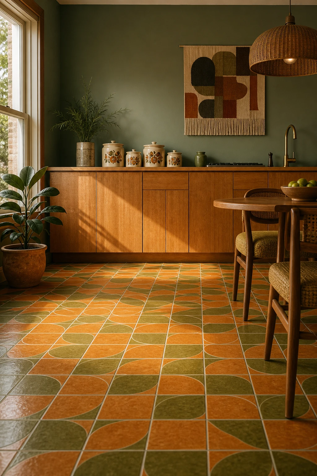 70s kitchen flooring with bold orange and green ceramic tiles as the hero, paired with warm timber cabinetry and Farrow and Ball Charlottes Locks painted walls