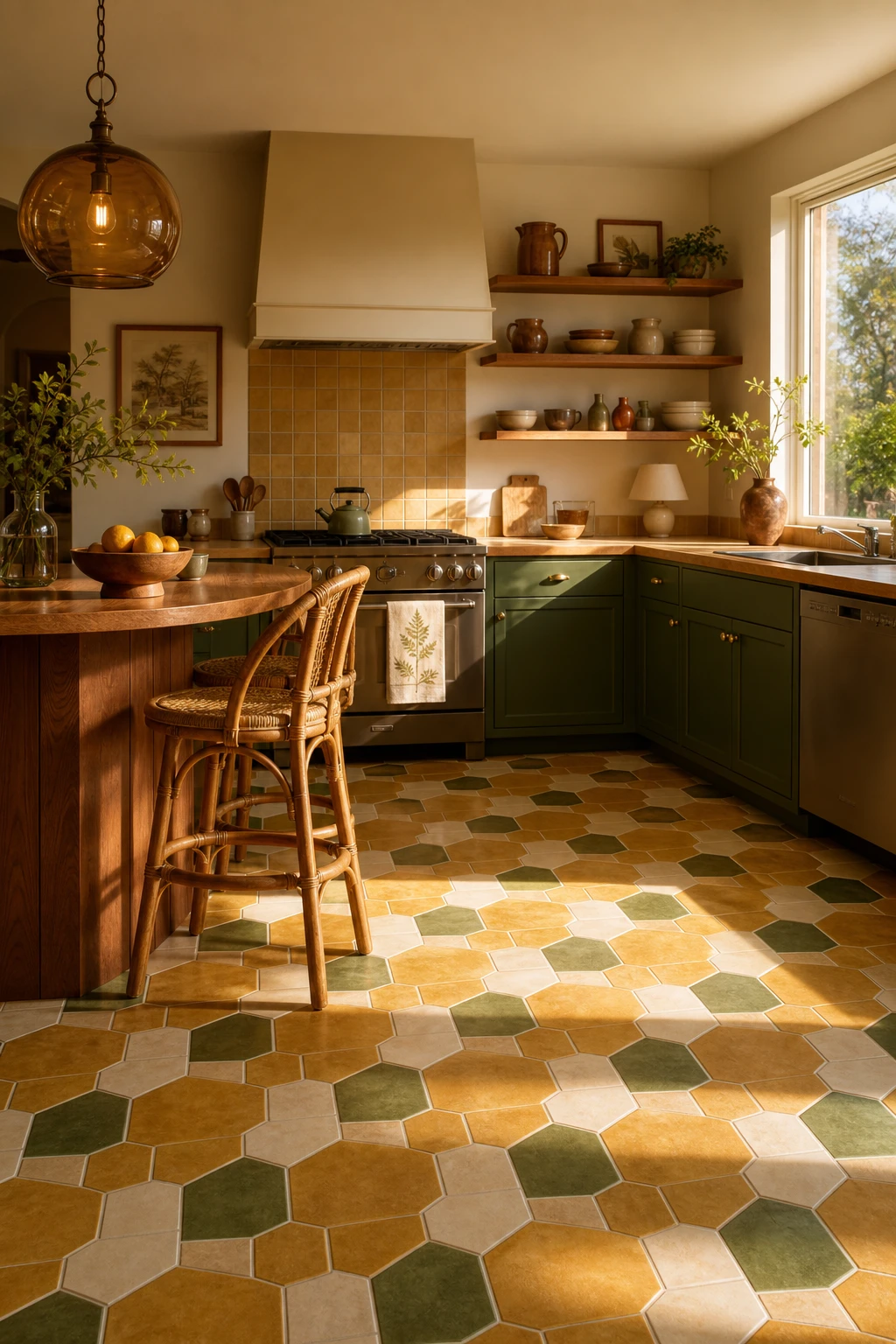70s kitchen flooring with mid century tile as hero, geometric shapes in avocado and harvest gold, Farrow & Ball Saxon Green cabinetry, warm afternoon light