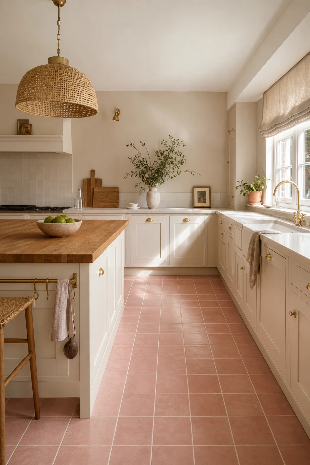70s kitchen flooring with pink ceramic tiles as hero, pale blush walls in Farrow and Ball Setting Plaster, retro cabinetry and warm natural light