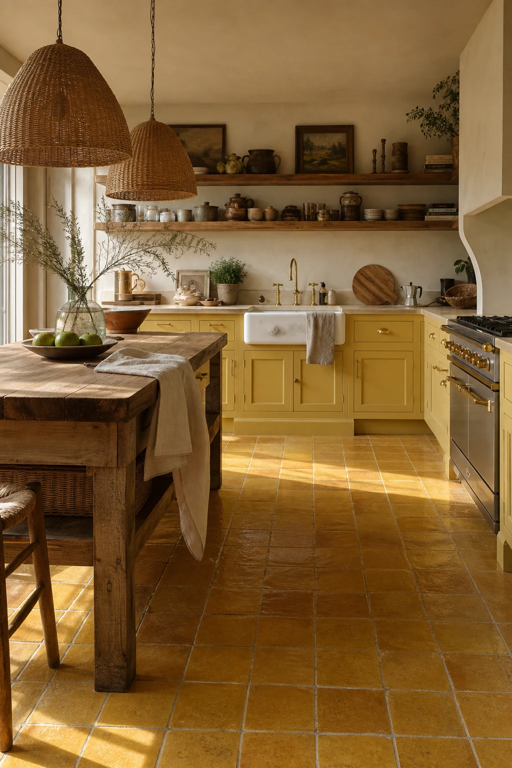 70s kitchen flooring with vintage yellow ceramic tiles as the hero, warm morning light, retro cabinetry, open shelving and a farmhouse sink in a sunny family kitchen