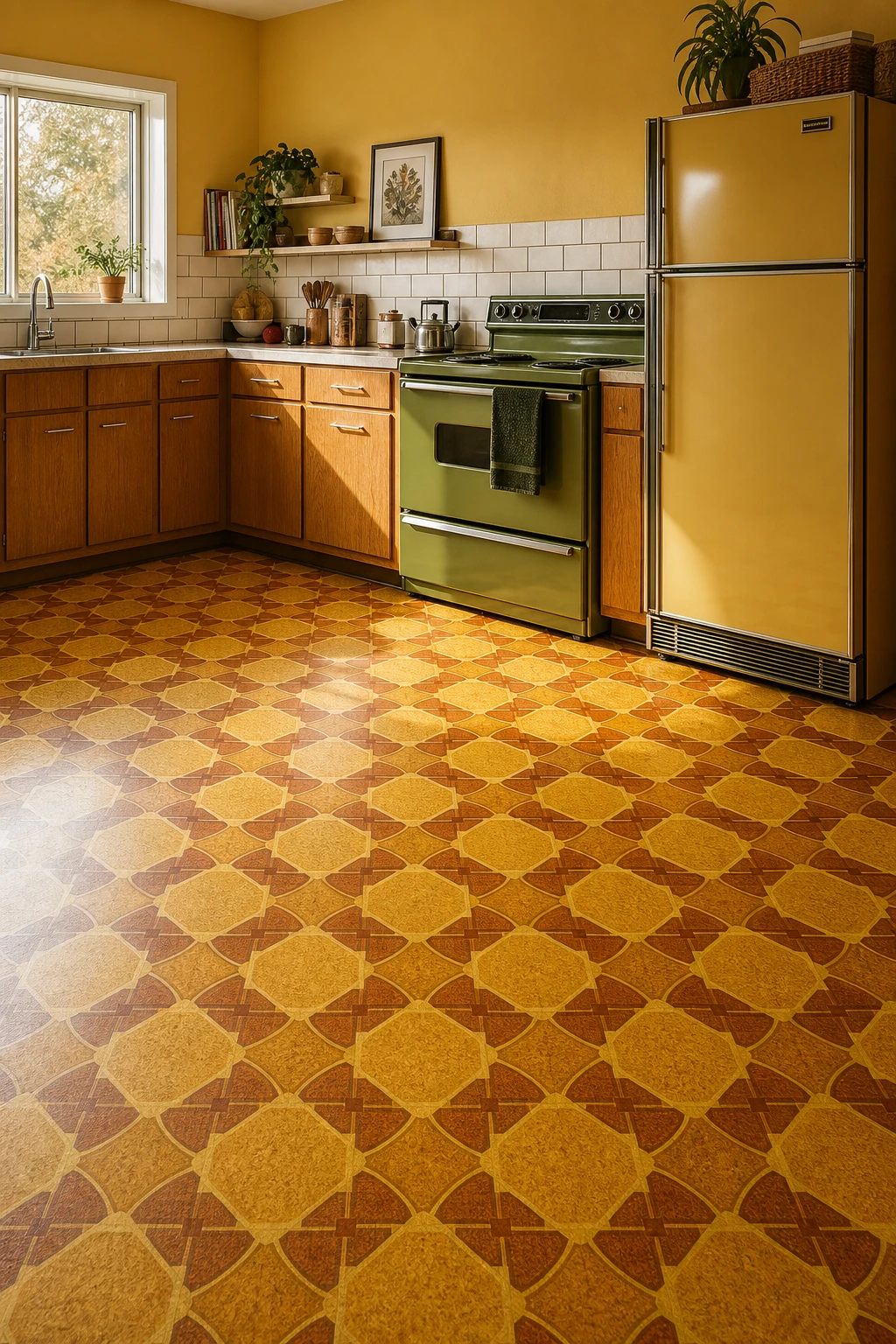 70s kitchen with Armstrong pattern lino hero floor in amber and harvest gold geometric print, wood cabinets, avocado appliances, and Farrow and Ball Corngold painted walls