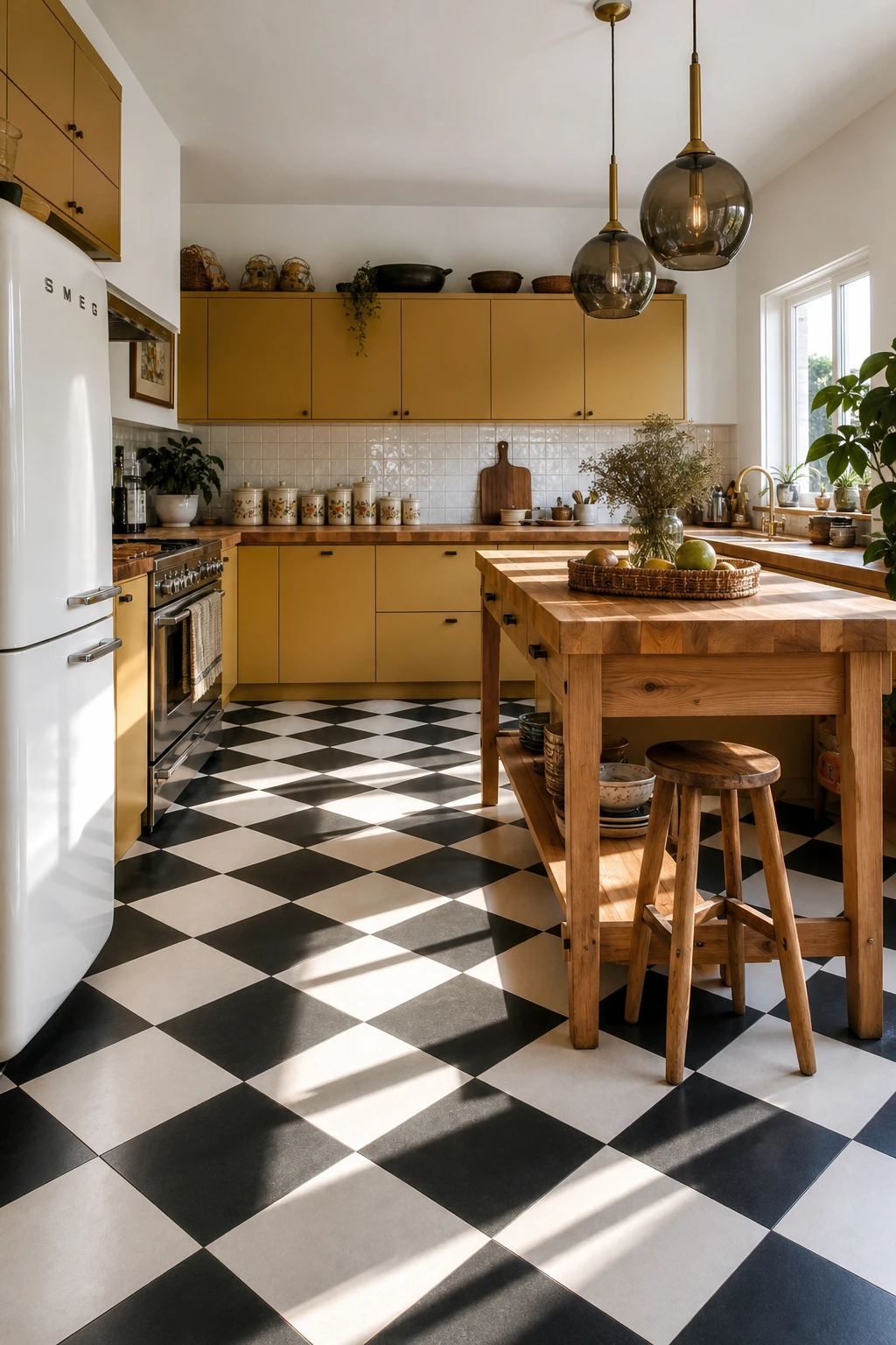 70s kitchen with bold checkerboard tile floor in black and white, harvest gold cabinetry, strong white walls, and warm pendant lighting overhead