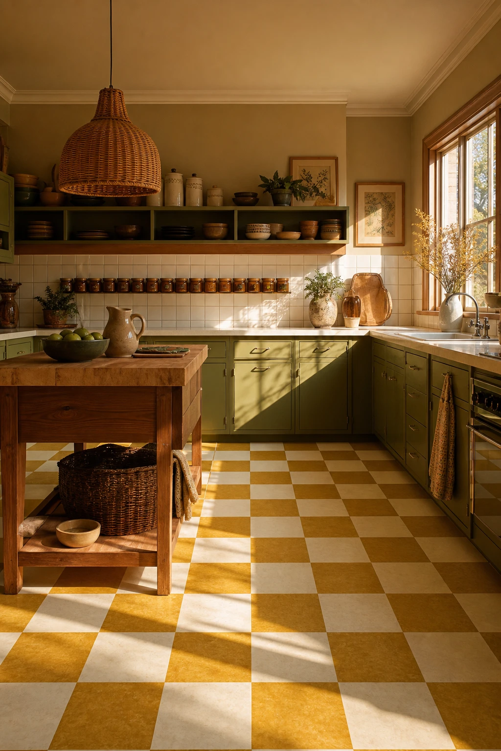 70s kitchen with bold checkered linoleum floor in warm two tone pattern, avocado green cabinetry, Farrow and Ball Cord painted walls, rattan pendant light