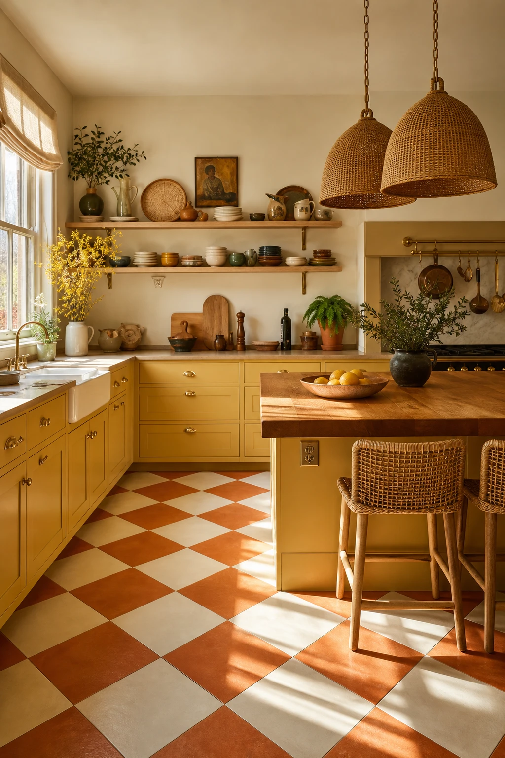 70s kitchen with bold harlequin diamond floor tiles in burnt orange and cream, Farrow and Ball Ciara Yellow cabinetry, pendant lighting and open shelving
