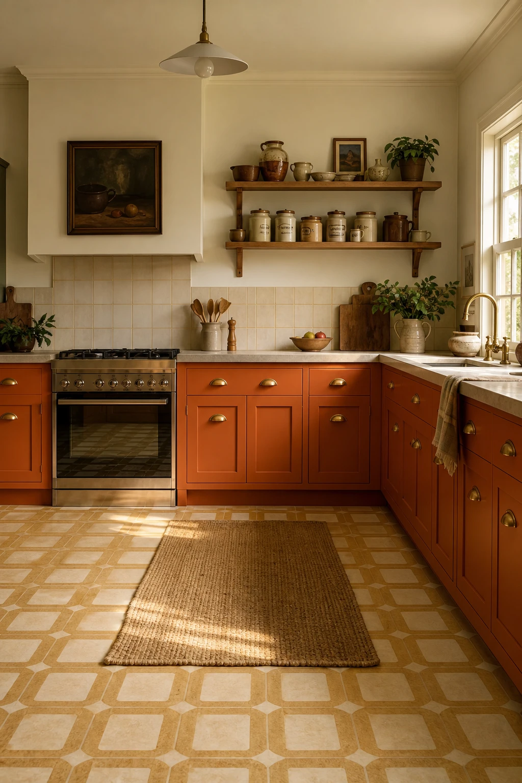 70s kitchen with bold orange cabinets above warm vinyl tile flooring, natural light highlighting retro hardware and open shelving