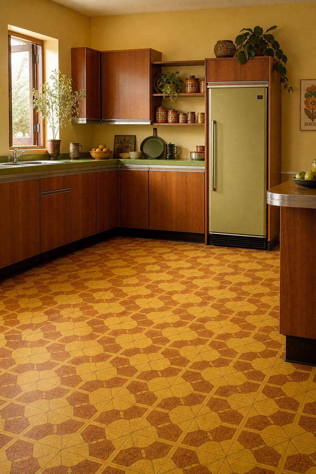 70s kitchen with classic linoleum flooring in amber and harvest gold geometric pattern, wood veneer cabinets, Farrow and Ball Dayroom Yellow walls, morning light
