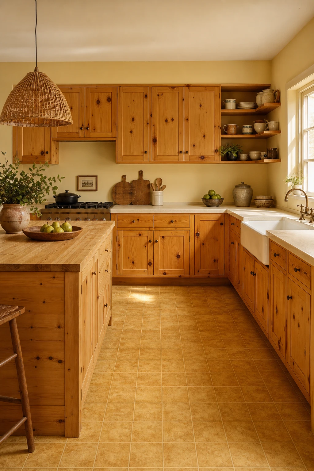 70s kitchen with knotty pine cabinets as hero, warm vinyl tile floor, open shelving, ceramic pendants and Farrow and Ball Matchstick painted walls