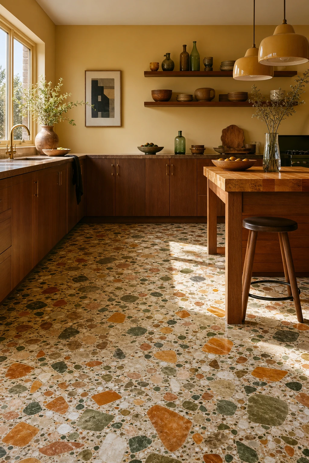 70s kitchen with multicolor terrazzo floor as hero, simple cream walls in Hound Lemon, wood cabinetry, pendant lights, and open shelving