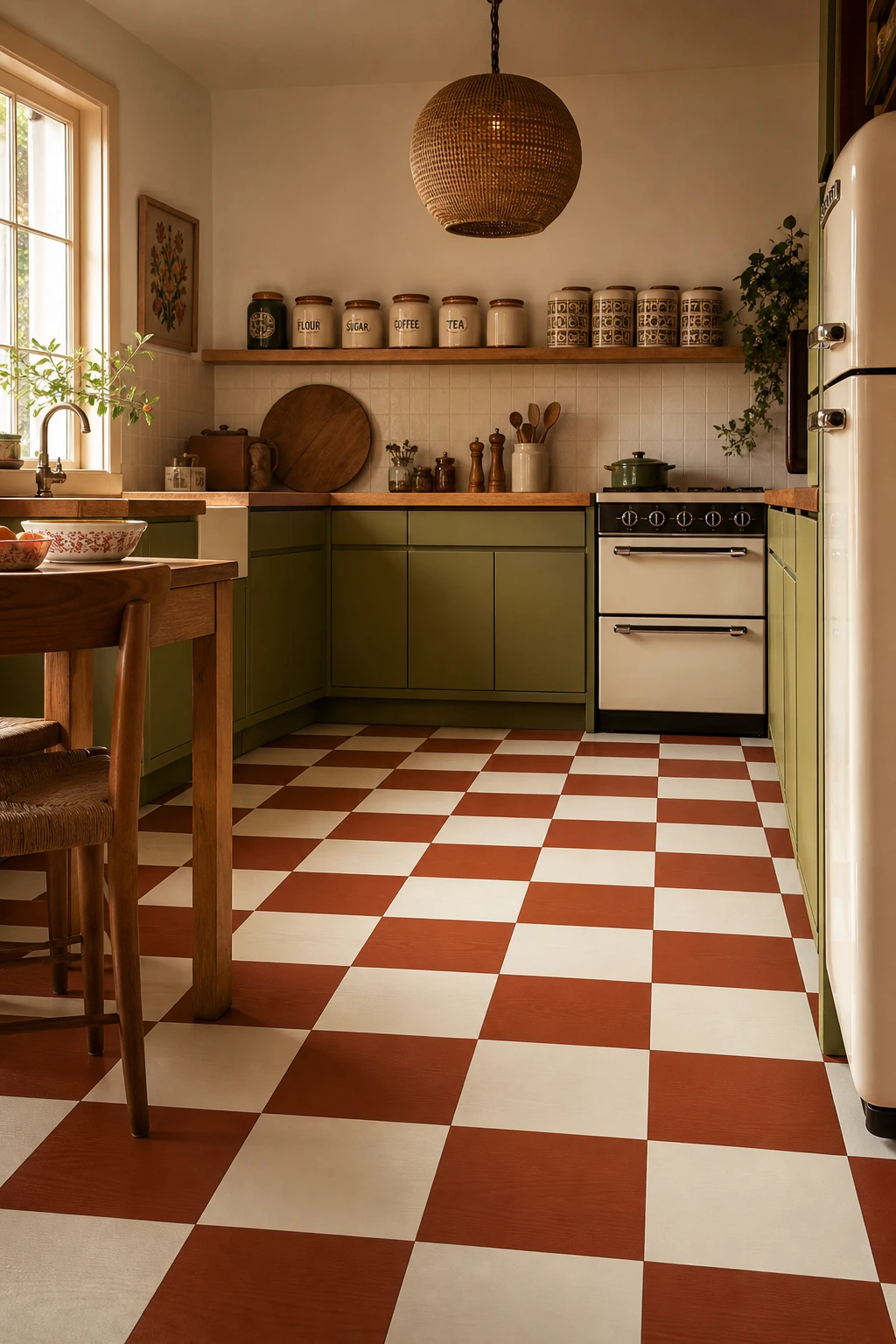70s kitchen with painted wood checkerboard floor in alternating Cornforth White and warm terracotta squares, natural morning light, retro cabinetry and pendant lights overhead