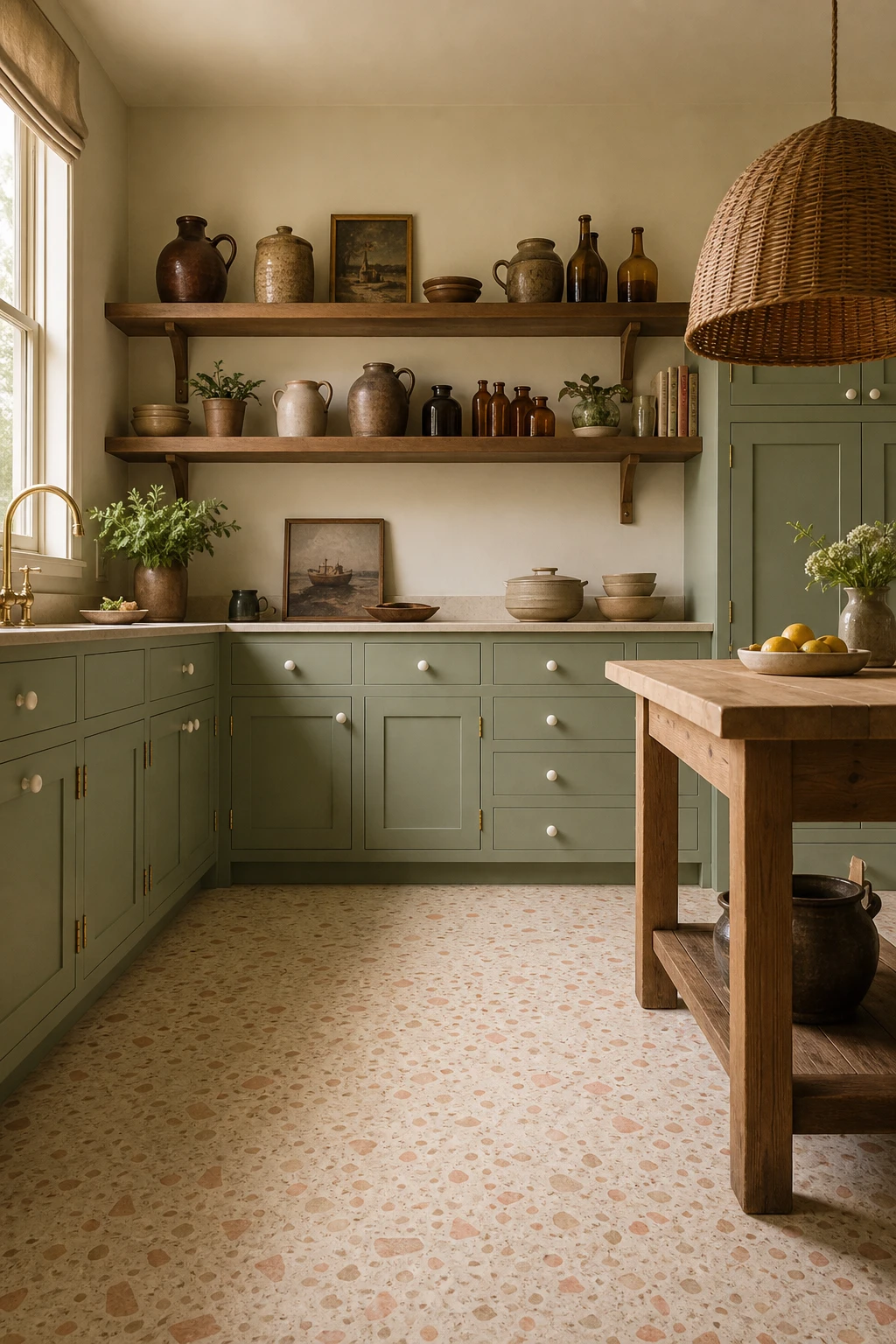 70s kitchen with pistachio green cabinets in Farrow & Ball Mizzle, warm terrazzo floor, rattan pendant, and timber open shelving in soft natural light