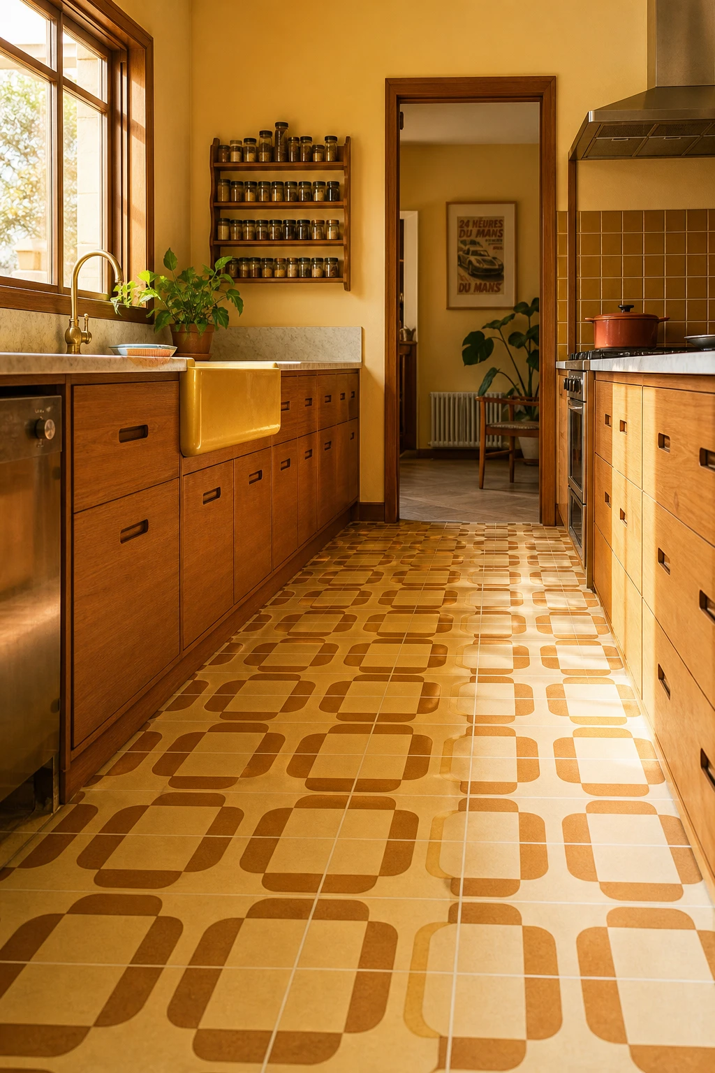 70s kitchen with seamless sheet lino flooring in a bold geometric pattern, Farrow & Ball Straw painted walls, warm afternoon light, retro cabinetry and vintage ceramic accessories