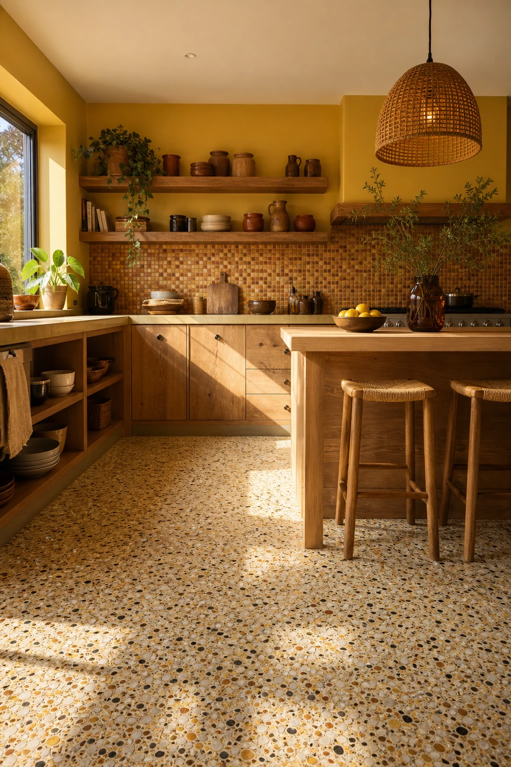 70s kitchen with speckled terrazzo floor in warm tones, Lancaster Yellow walls, open shelving, rattan pendants and a mosaic backsplash in afternoon light