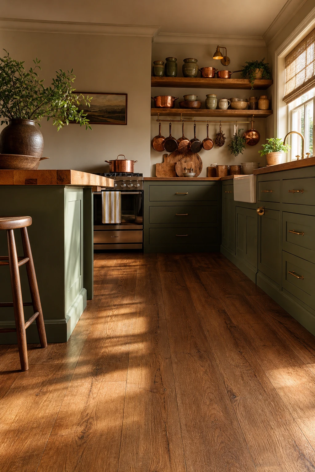 70s kitchen with vinyl plank retro flooring in warm teak tones, avocado green lower cabinets, open shelving, and Farrow & Ball Roasted Macadamia walls