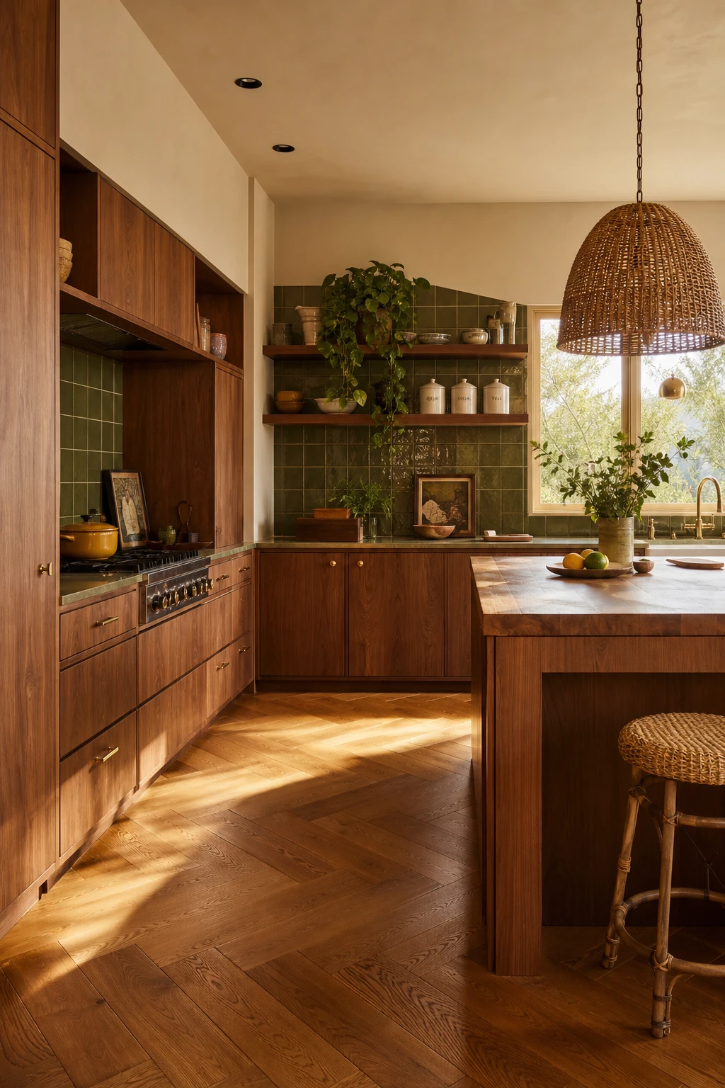 70s kitchen with warm wood plank floor as hero, walnut cabinets, avocado ceramic backsplash, rattan pendant and Farrow and Ball Ringwold Ground walls